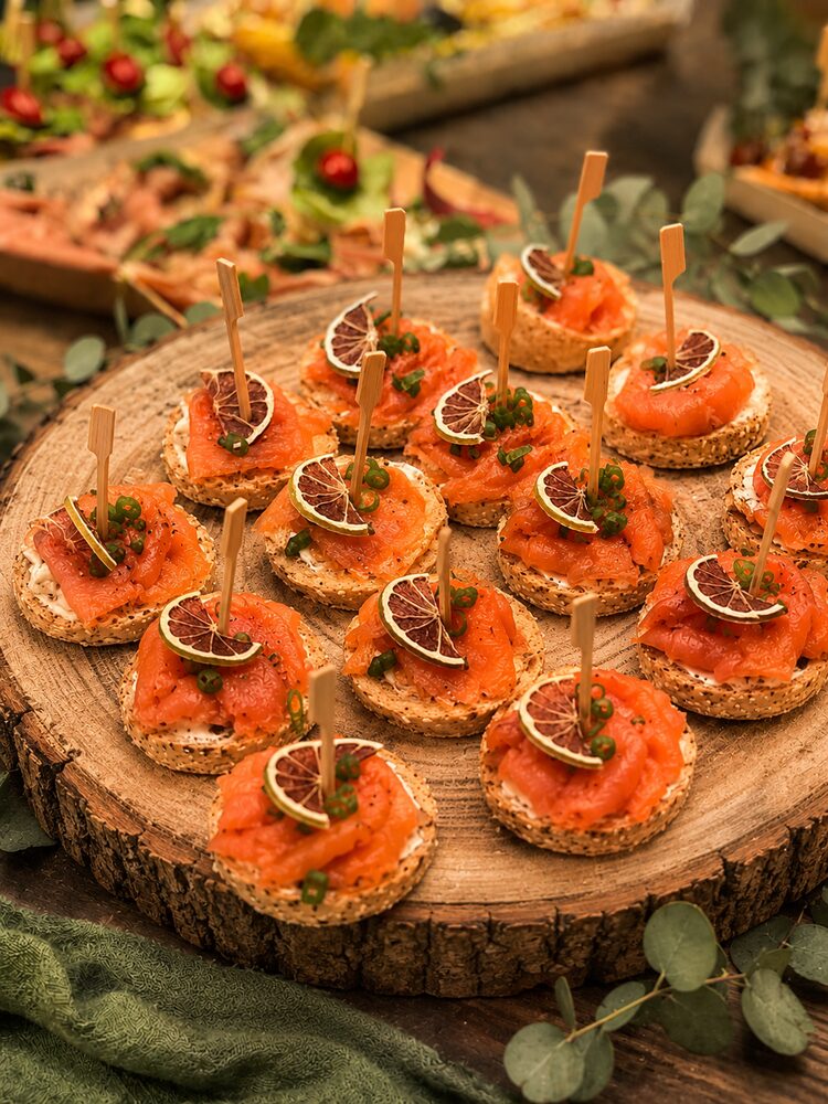 Sandwich bar — bagels au saumon sur rondin de bois